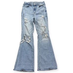 American Eagle Flared Jeans Women's Size 2 Blue Next Level Stretch Distressed